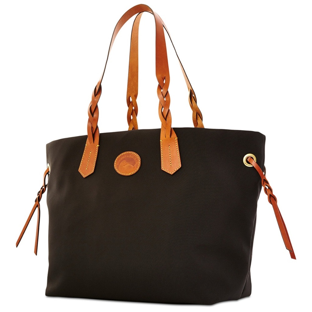 Dooney & Bourke Black Nylon Shopper Tote Bag with Brown Leather Straps